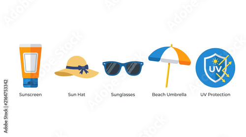 Set of summer vacation beach accessories icons with sunscreen tube, sun hat, sunglasses, beach umbrella and UV protection shield symbol