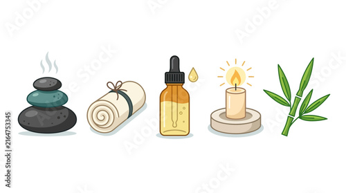 Vector illustration of spa stones, rolled towel, essential oil dropper bottle, burning candle, and bamboo branch for wellness design