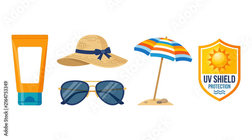 Summer vacation elements vector set with sunscreen tube, sun hat, sunglasses, beach umbrella and UV protection shield