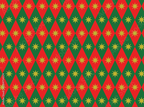Seamless geometric pattern featuring alternating red and dark green diamond shapes decorated with golden starburst motifs. Festive ornamental background suitable for textile design, wrapping paper.