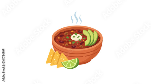 A steaming bowl of chili con carne with avocado, sour cream, and green onions, served with tortilla chips and a lime wedge, in a flat vector illustration style.