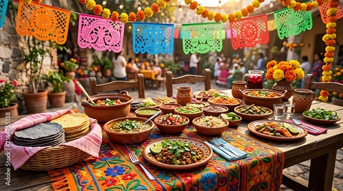Vibrant Mexican fiesta table setting with traditional food and decorations ,Hispanic Heritage Celebration Month, Latino Ctivalultural Festival, Cinco de Mayo, Día de los Muertos, Carnaval, Inti Raymi