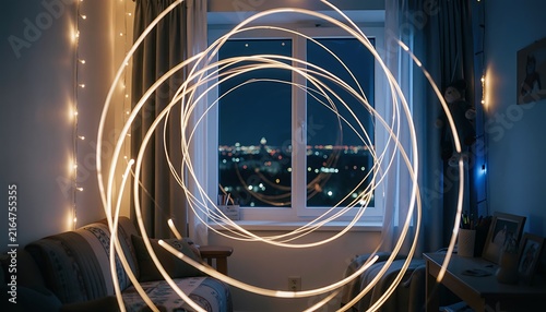 Long exposure shot of crisscrossing orange and blue light trails floating above a cozy bed in a dark room with window view, created with generative ai.
