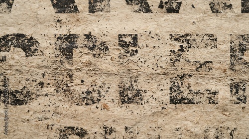 Close up of weathered black typography on a textured beige handmade paper background