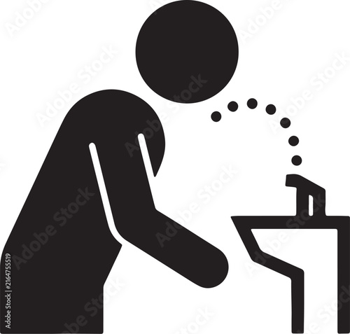 Black and white minimalist of a person leaning over a drinking fountain to drink from an upward arching stream of water, isolated on white background, also transparent background