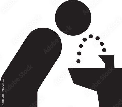 Black and white pictogram of a stylized person leaning forward to drink from a water fountain, featuring a dotted arched stream of water also transparent background