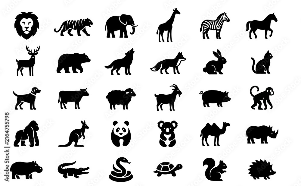 Obraz premium Set of wild and farm animal silhouette vector icons on white background