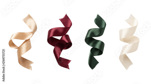 Elegant satin ribbon elements for gift wrapping, holiday packaging, wedding stationery, retail campaigns and seasonal designs. Isolated on White background.