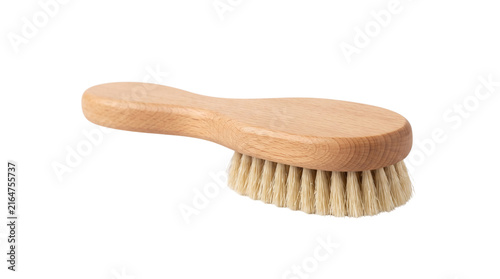 Wooden clothes brush for garment care, laundry routines, wardrobe maintenance and sustainable home living. Isolated on White background.