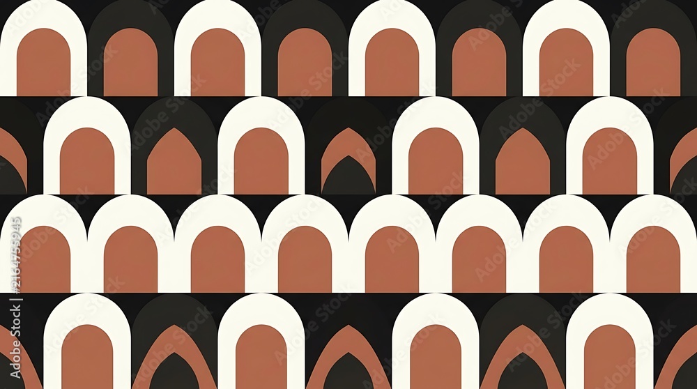 Retro mid-century modern abstract pattern featuring repeating arches in terracotta, cream, and charcoal earthy tones
