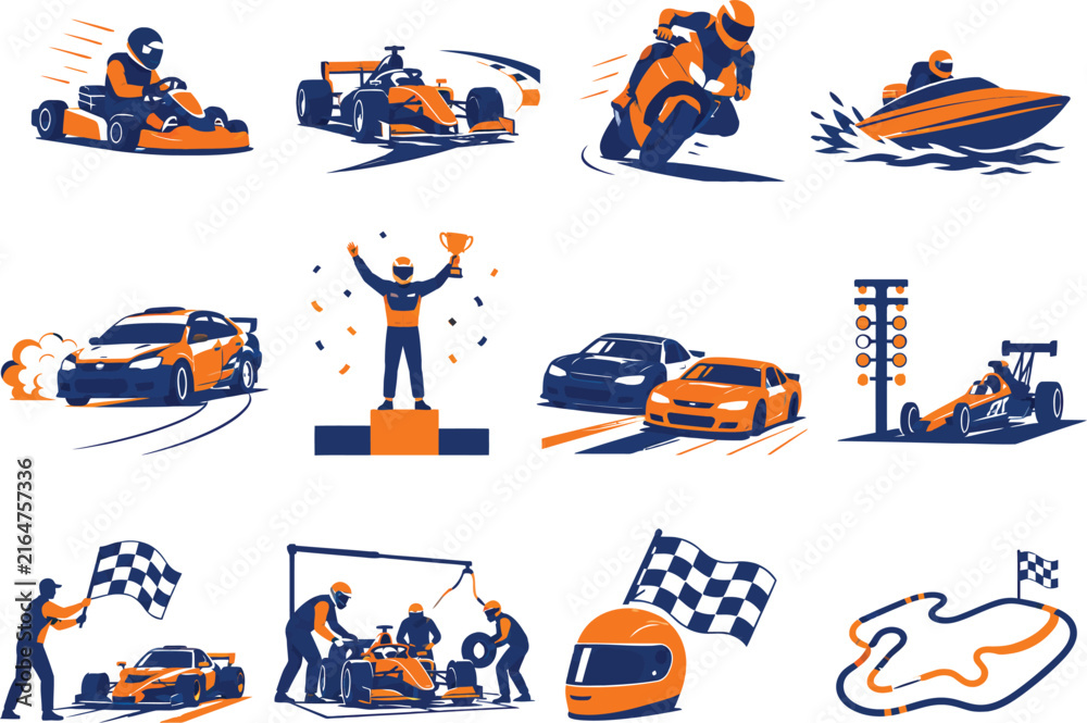 Naklejka premium Racing sport vector icons set with formula one motorcycles and speedboats isolated on transparent background