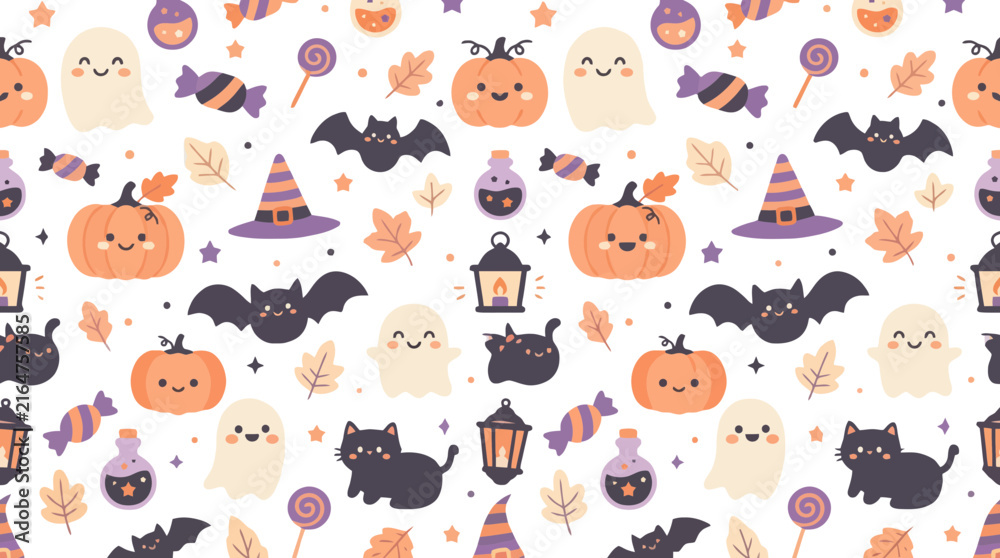 Obraz premium Cute halloween seamless pattern with pumpkins and ghosts vector
