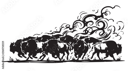 Konstfotografi Vintage Western buffalo stampede, wild bison herd running, tribal woodcut textur