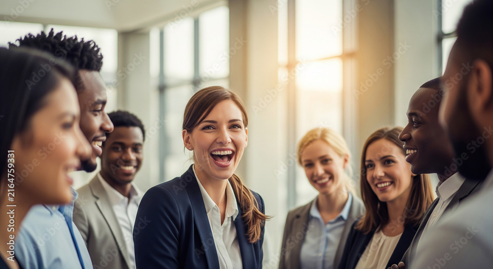 Obraz premium Cheerful corporate team of men and women sharing a laugh during an office meeting perfect for a positive work culture concept