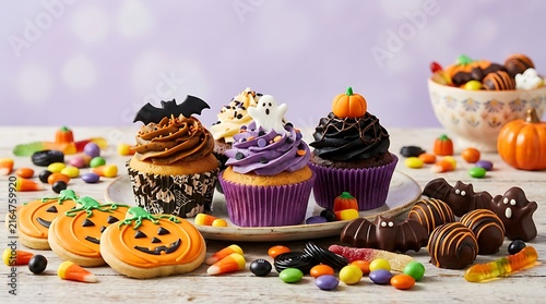 Delicious halloween cupcakes with pumpkin cookies and candy sweets on a wooden table surface