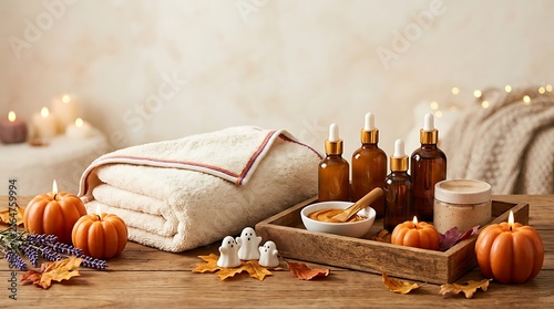 Cozy autumn spa setting with amber cosmetic bottles pumpkins and soft blanket on wooden table