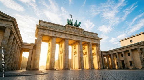 Brandenburg Gate in Berlin during golden sunset.
