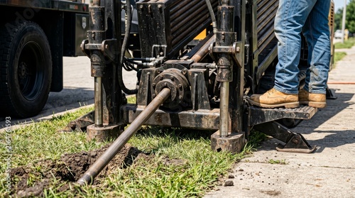 Fiber optic laying using a horizontal directional drilling machine for underground networks.