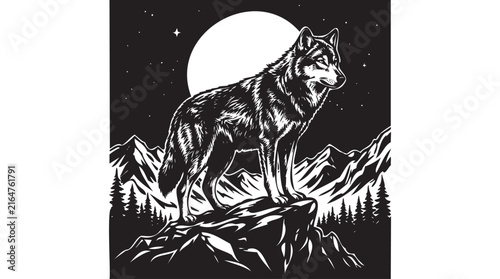 Vintage Woodcut Wolf Howling at the Moon, Monochrome Vector Illustration, Wild Forest Nature Emblem, Mountain Wilderness Animal Design