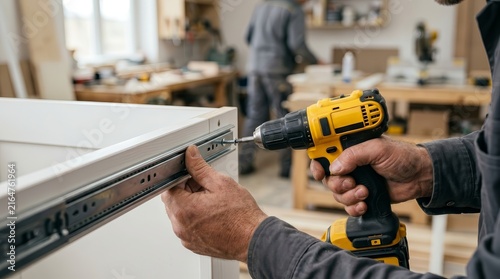 Handyman using a cordless power drill to install drawer runners on a wooden cabinet.