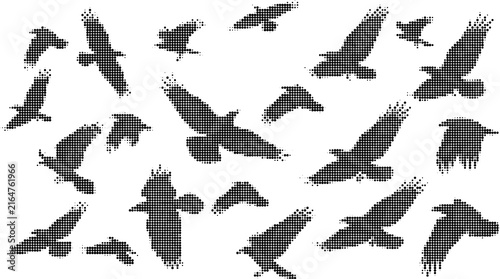 Set of halftone birds in flight