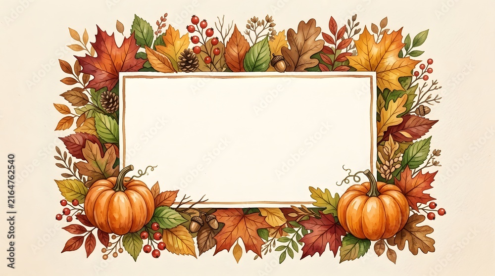 Fototapeta premium Watercolor autumn frame with pumpkins leaves and blank space for text or design