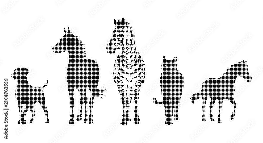 Naklejka premium Various animals silhouettes in halftone pattern style