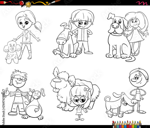 cartoon children and their pups characters set coloring page