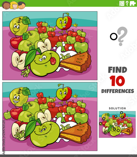 differences puzzle with cartoon apple fruit characters and apple pie