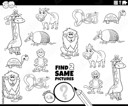find two same cartoon wild animals educational activity puzzle coloring page