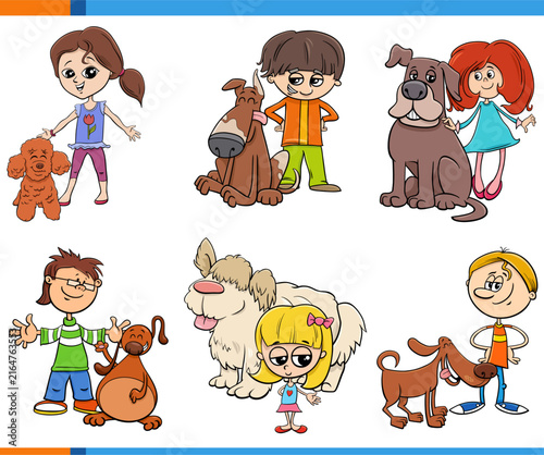 cartoon children and their pups pet characters set