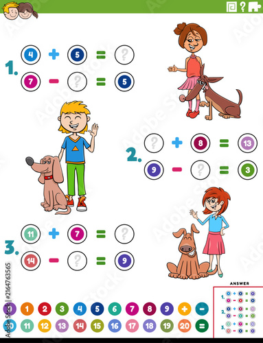 addition and subtraction task with cartoon children and their pets