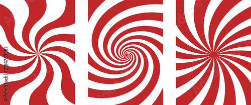 Red and white spiral patterns arranged in a triptych composition