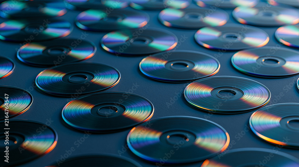Obraz premium Iridescent Glass Discs and Transparent Plates on Dark Blue Background