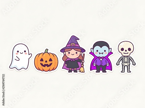 Halloweenthemed cartoon characters and icons featuring ghost witch vampire and skeleton stickers