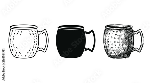 Canvas Print Three Moscow Mule Mugs with Textured Detail in Outline, Solid, and Sketch Styles