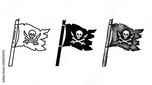 Set of Three Pirate Flags with Skull and Crossbones in Outline, Silhouette, and Sketch Styles