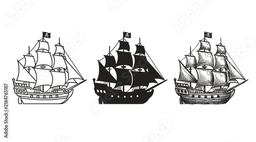 Set of Three Pirate Galleon Ships with Jolly Roger Flags in Side Profile