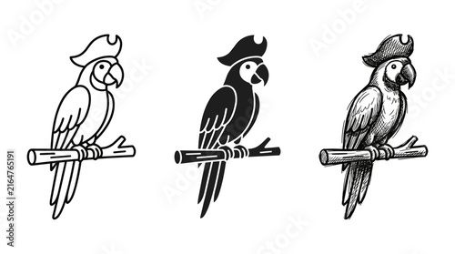 Three Pirate Macaws Wearing Hats, Perched on a Branch, in Different Art Styles