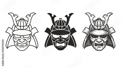 Bild auf Leinwand Three distinct illustrations of samurai helmets (kabuto) with masks: outline, so