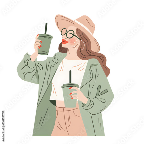 Stylish young woman in wide-brimmed hat and glasses holding two to-go drinks, modern cafe lifestyle illustration on a transparent background