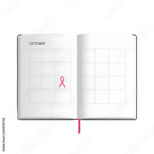 Open October calendar planner with pink breast cancer awareness ribbon, health screening and support campaign illustration on a transparent background