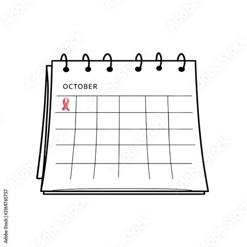 October spiral desk calendar with pink breast cancer awareness ribbon marked on monthly grid, hand-drawn illustration on a transparent background