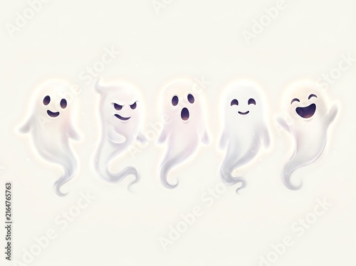 Cute cartoon ghosts with different facial expressions isolated on transparent background for Halloween illustrations