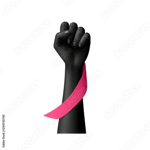 Stylized dark raised fist with pink breast cancer awareness ribbon, strength, solidarity and support concept illustration on a transparent background