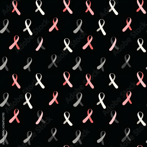 Repeating pink, white and gray awareness ribbons on black background, breast cancer support, charity packaging and textile seamless pattern