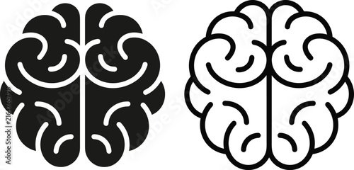 Solid black and outline top view human brain vector icon set for psychology and medical graphic design