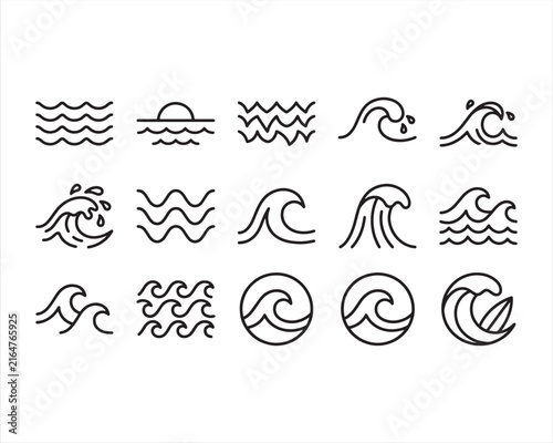 Water waves line icon set