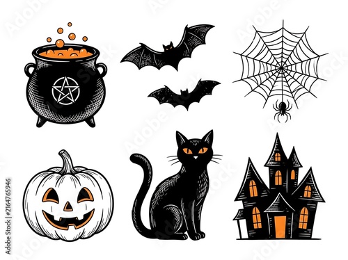 Halloweenthemed icons featuring jack o lantern witch cauldron spider bat haunted house black cat illustrations