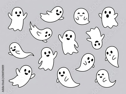 Collection of cute cartoon ghost illustrations with various happy and playful expressions